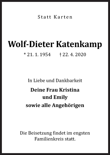 Traueranzeige von Wolf-Dieter Katenkamp von Neue Osnabrücker Zeitung GmbH & Co. KG