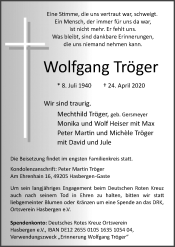 Traueranzeige von Wolfgang Tröger von Neue Osnabrücker Zeitung GmbH & Co. KG