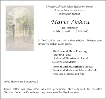 Traueranzeige von maria Liebau von Neue Osnabrücker Zeitung GmbH & Co. KG