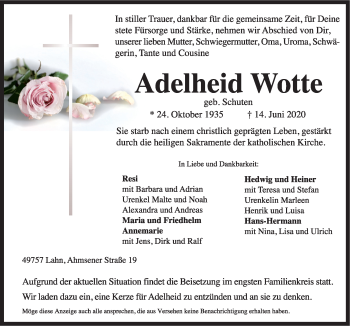 Traueranzeige von Adelheid Wotte von Neue Osnabrücker Zeitung GmbH & Co. KG