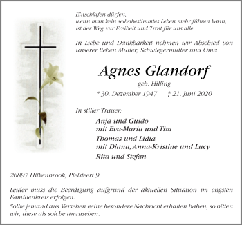 Traueranzeige von Agnes Glandorf von Neue Osnabrücker Zeitung GmbH & Co. KG