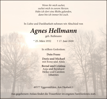 Traueranzeige von Agnes Hellmann von Neue Osnabrücker Zeitung GmbH & Co. KG