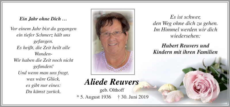  Traueranzeige für Aliede Reuvers vom 30.06.2020 aus Neue Osnabrücker Zeitung GmbH & Co. KG