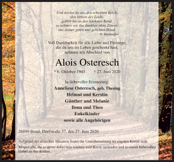 Traueranzeige von Alois Osteresch von Neue Osnabrücker Zeitung GmbH & Co. KG