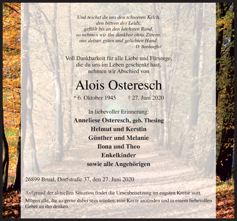  Traueranzeige für Alois Osteresch vom 30.06.2020 aus Neue Osnabrücker Zeitung GmbH & Co. KG