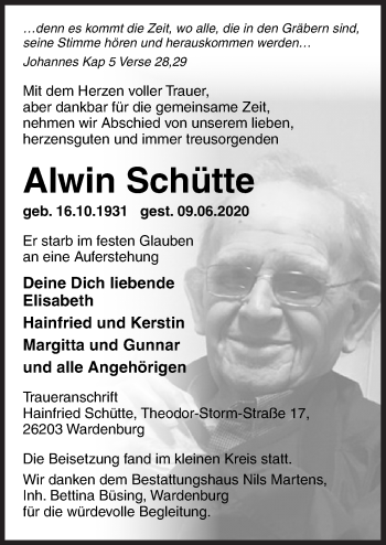 Traueranzeige von Alwin Schütte von Neue Osnabrücker Zeitung GmbH & Co. KG