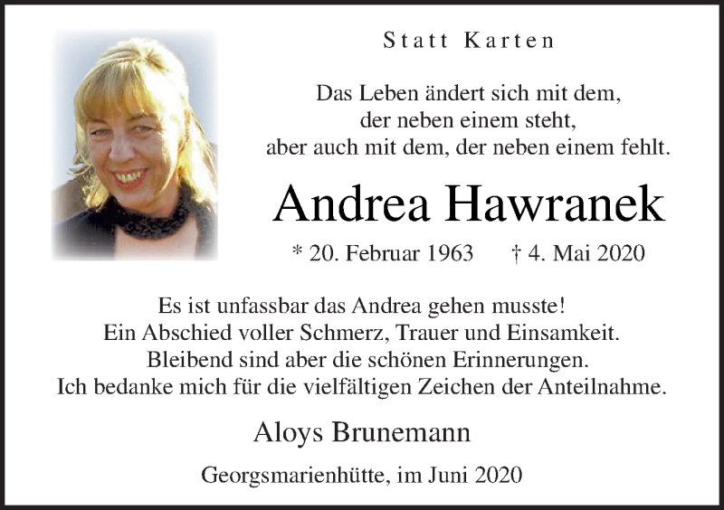  Traueranzeige für Andrea Hawranek vom 06.06.2020 aus Neue Osnabrücker Zeitung GmbH & Co. KG