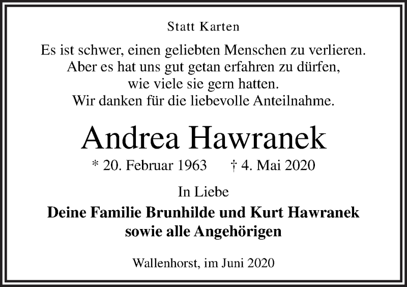  Traueranzeige für Andrea Hawranek vom 13.06.2020 aus Neue Osnabrücker Zeitung GmbH & Co. KG
