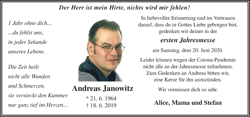  Traueranzeige für Andreas Janowitz vom 18.06.2020 aus Neue Osnabrücker Zeitung GmbH & Co. KG