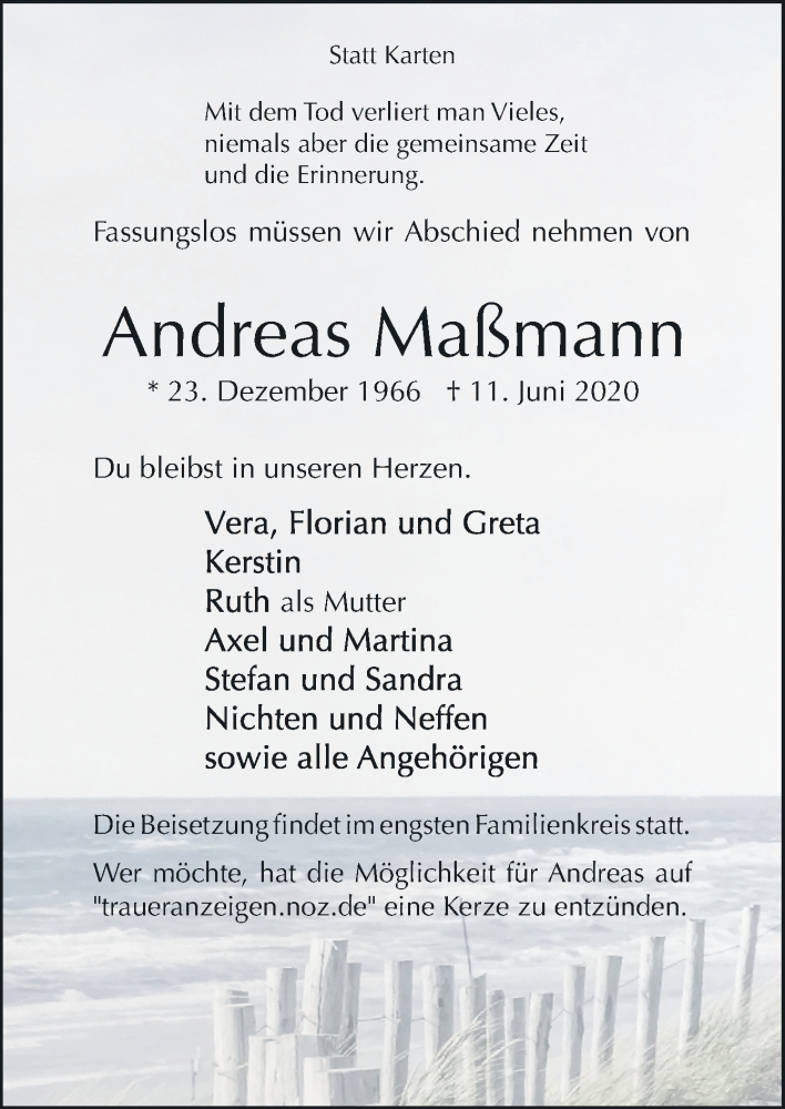  Traueranzeige für Andreas Maßmann vom 20.06.2020 aus Neue Osnabrücker Zeitung GmbH & Co. KG