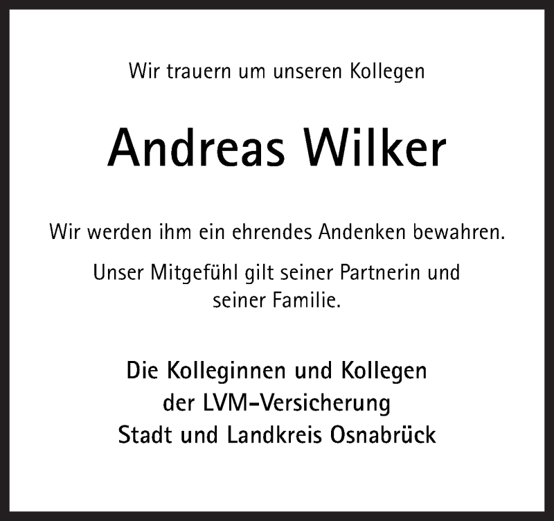  Traueranzeige für Andreas Wilker vom 13.06.2020 aus Neue Osnabrücker Zeitung GmbH & Co. KG