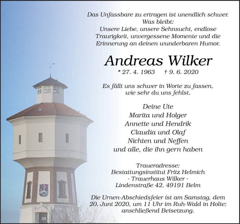  Traueranzeige für Andreas Wilker vom 13.06.2020 aus Neue Osnabrücker Zeitung GmbH & Co. KG