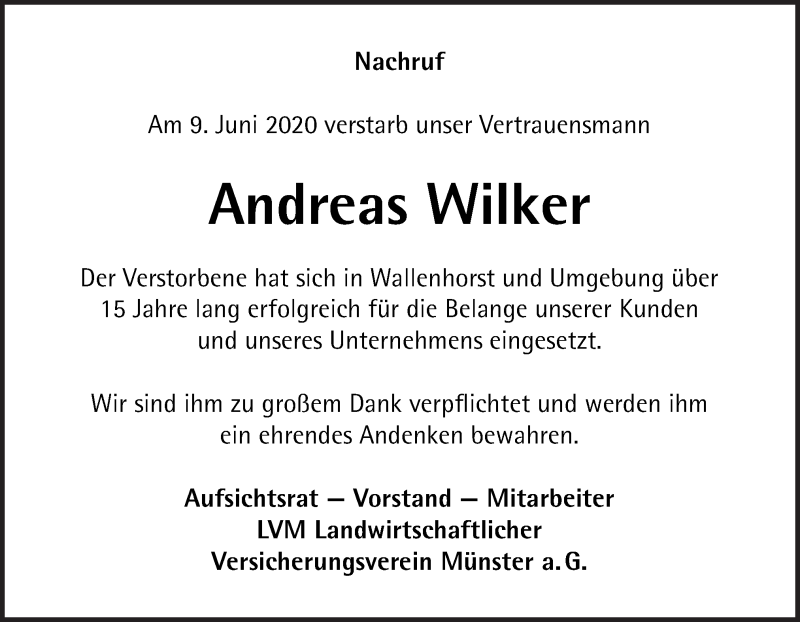  Traueranzeige für Andreas Wilker vom 20.06.2020 aus Neue Osnabrücker Zeitung GmbH & Co. KG