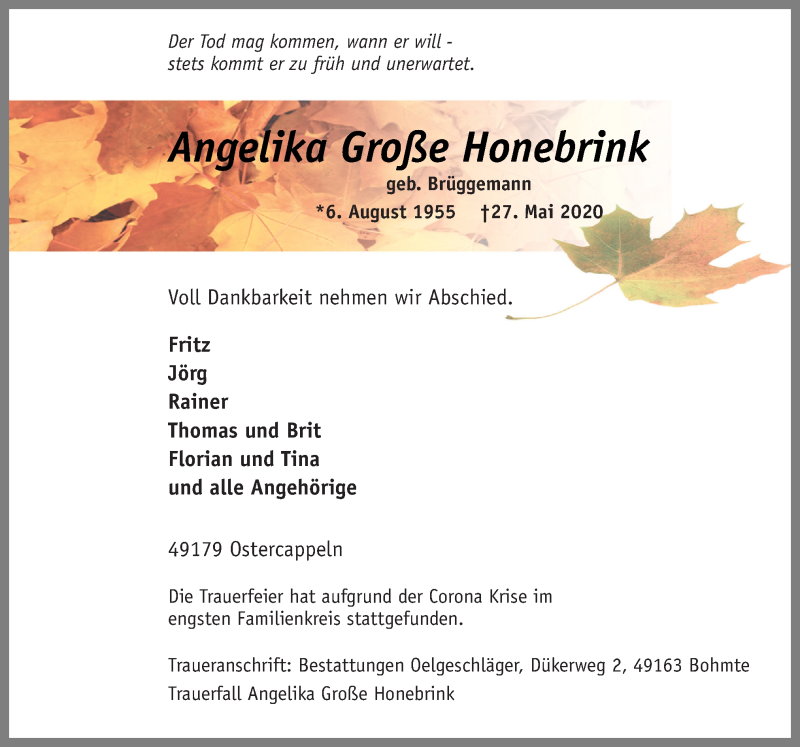  Traueranzeige für Angelika Große Honebrink vom 04.06.2020 aus Neue Osnabrücker Zeitung GmbH & Co. KG