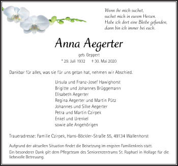 Traueranzeige von Anna Aegerter von Neue Osnabrücker Zeitung GmbH & Co. KG