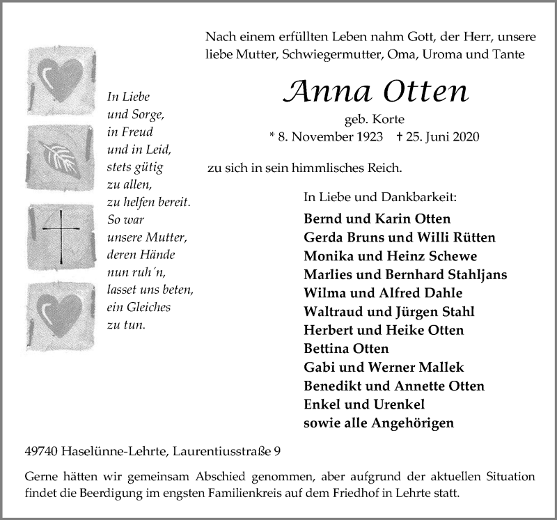  Traueranzeige für Anna Otten vom 29.06.2020 aus Neue Osnabrücker Zeitung GmbH & Co. KG