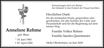 Traueranzeige von Annelore Rehme von Neue Osnabrücker Zeitung GmbH & Co. KG