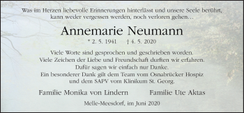 Traueranzeige von Annemarie Neumann von Neue Osnabrücker Zeitung GmbH & Co. KG