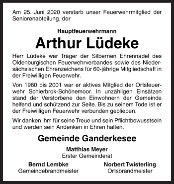 Traueranzeige von Arthur Lüdeke von Neue Osnabrücker Zeitung GmbH & Co. KG