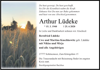 Traueranzeige von Arthur Lüdeke von Neue Osnabrücker Zeitung GmbH & Co. KG