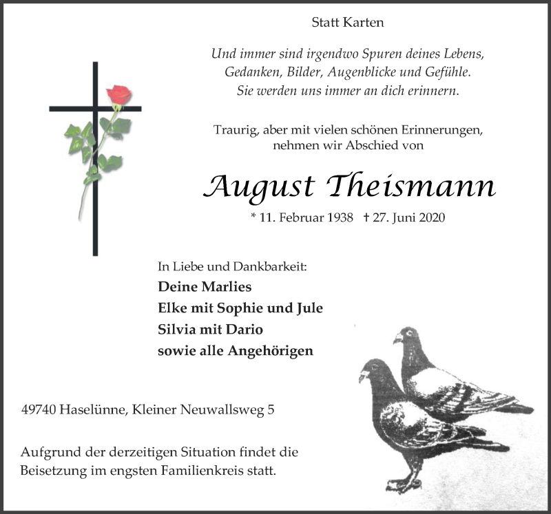  Traueranzeige für August Theismann vom 29.06.2020 aus Neue Osnabrücker Zeitung GmbH & Co. KG