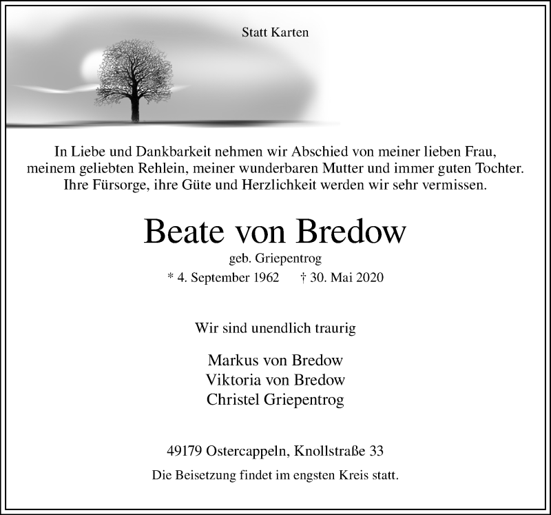  Traueranzeige für Beate von Bredow vom 06.06.2020 aus Neue Osnabrücker Zeitung GmbH & Co. KG