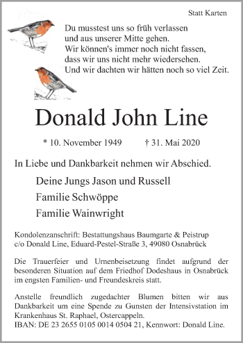 Traueranzeige von Donald John Line von Neue Osnabrücker Zeitung GmbH & Co. KG