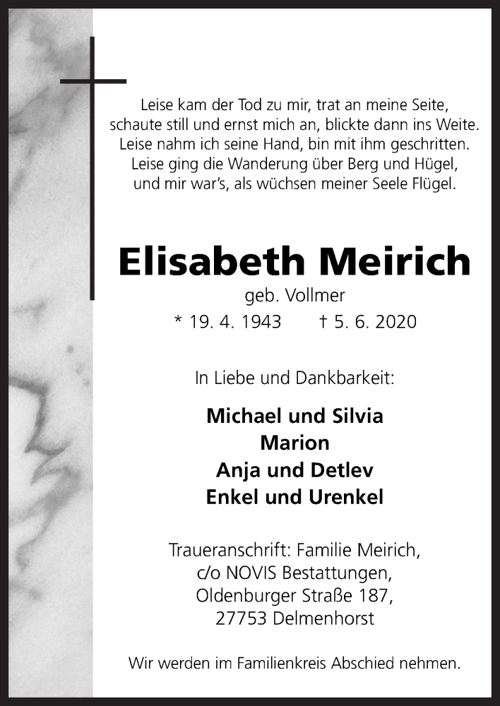  Traueranzeige für Elisabeth Meirich vom 13.06.2020 aus Neue Osnabrücker Zeitung GmbH & Co. KG