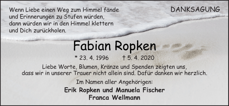  Traueranzeige für Fabian Ropken vom 20.06.2020 aus Neue Osnabrücker Zeitung GmbH & Co. KG