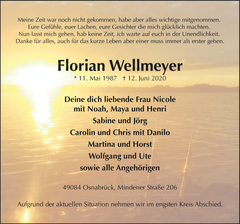  Traueranzeige für Florian Wellmeyer vom 20.06.2020 aus Neue Osnabrücker Zeitung GmbH & Co. KG