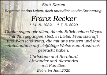 Traueranzeige von Franz Recker von Neue Osnabrücker Zeitung GmbH & Co. KG