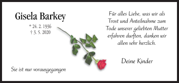 Traueranzeige von Gisela Barkey von Neue Osnabrücker Zeitung GmbH & Co. KG