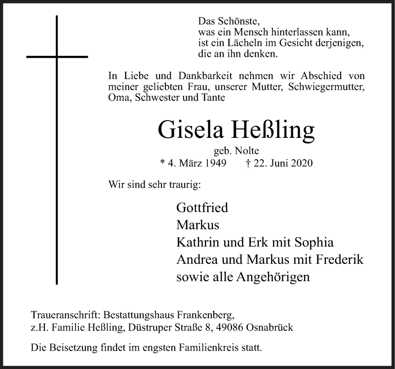  Traueranzeige für Gisela Heßling vom 27.06.2020 aus Neue Osnabrücker Zeitung GmbH & Co. KG