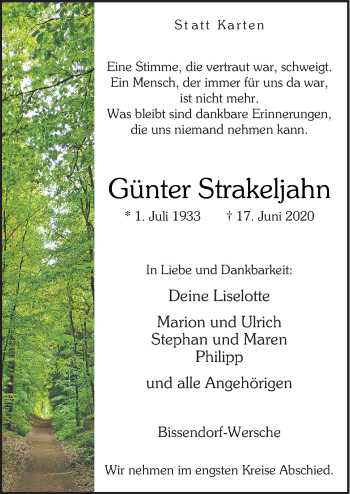 Traueranzeige von Günter Strakeljahn von Neue Osnabrücker Zeitung GmbH & Co. KG