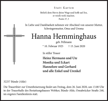 Traueranzeige von Hanna Hemminghaus von Neue Osnabrücker Zeitung GmbH & Co. KG