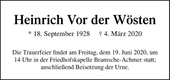 Traueranzeige von Heinrich  Vor der Wösten von Neue Osnabrücker Zeitung GmbH & Co. KG