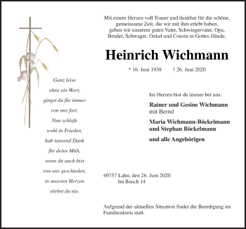 Traueranzeige von Heinrich Wichmann von Neue Osnabrücker Zeitung GmbH & Co. KG