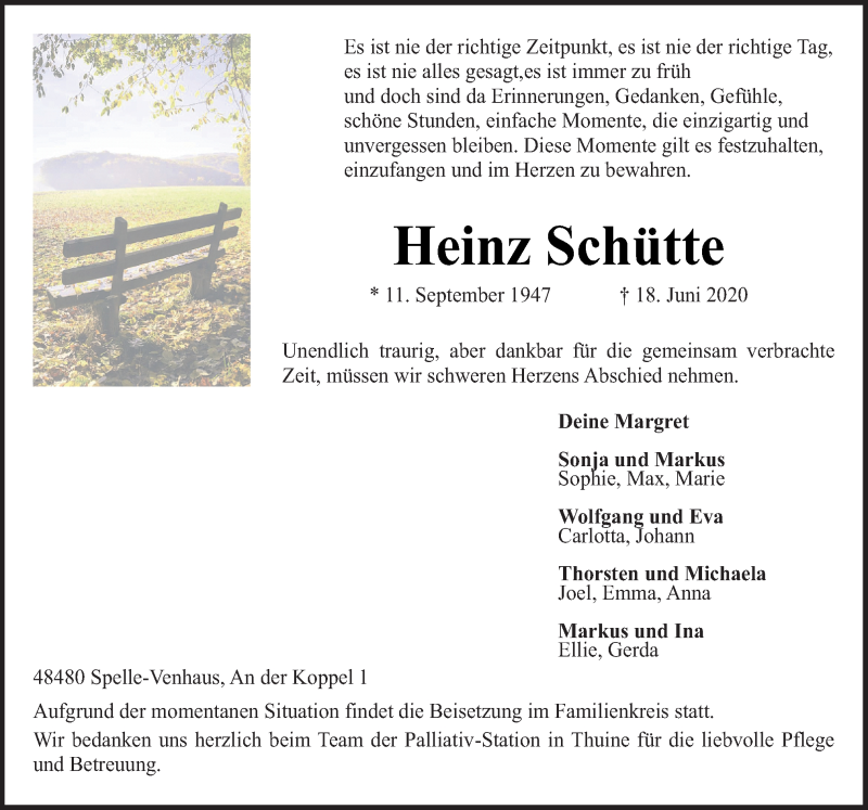  Traueranzeige für Heinz Schütte vom 22.06.2020 aus Neue Osnabrücker Zeitung GmbH & Co. KG