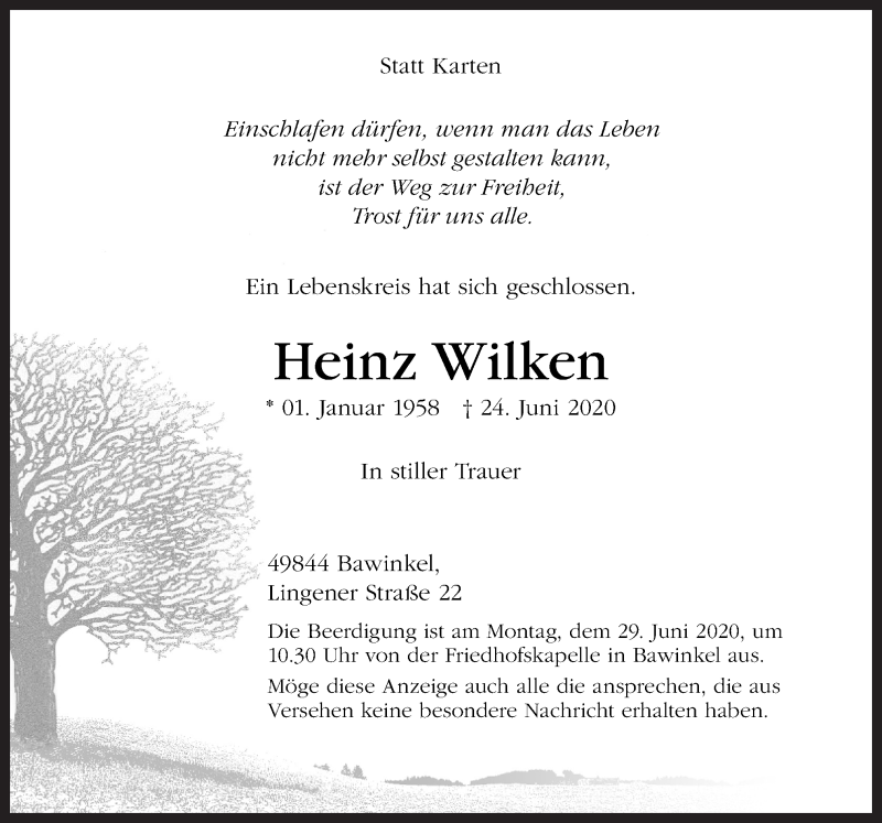  Traueranzeige für Heinz Wilken vom 27.06.2020 aus Neue Osnabrücker Zeitung GmbH & Co. KG