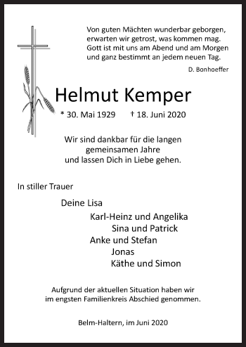 Traueranzeige von Helmut Kemper von Neue Osnabrücker Zeitung GmbH & Co. KG