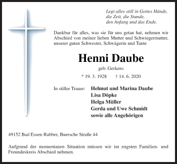 Traueranzeige von Henni Daube von Neue Osnabrücker Zeitung GmbH & Co. KG