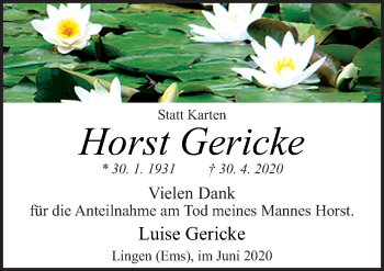 Traueranzeige von Horst Gericke von Neue Osnabrücker Zeitung GmbH & Co. KG
