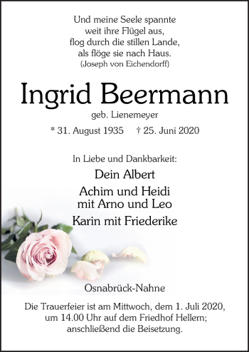 Traueranzeige von Ingrid Beermann von Neue Osnabrücker Zeitung GmbH & Co. KG