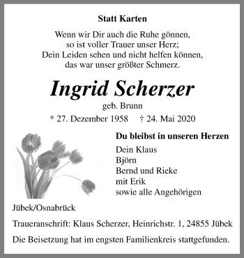 Traueranzeige von Ingrid Scherzer von Neue Osnabrücker Zeitung GmbH & Co. KG