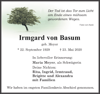 Traueranzeige von Irmgard von Basum von Neue Osnabrücker Zeitung GmbH & Co. KG