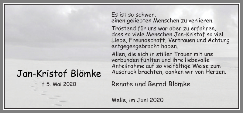  Traueranzeige für Jan-Kristof Blömke vom 20.06.2020 aus Neue Osnabrücker Zeitung GmbH & Co. KG