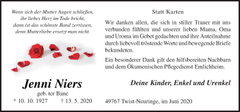Traueranzeige von Jenni Niers von Neue Osnabrücker Zeitung GmbH & Co. KG