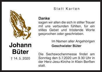 Traueranzeige von Johann Büter von Neue Osnabrücker Zeitung GmbH & Co. KG