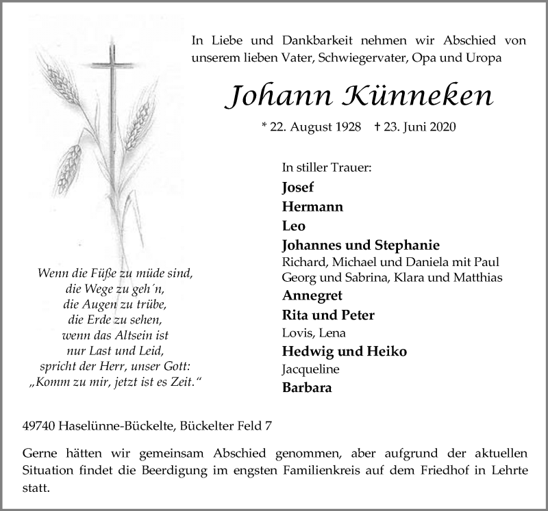  Traueranzeige für Johann Künneken vom 26.06.2020 aus Neue Osnabrücker Zeitung GmbH & Co. KG