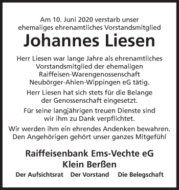 Traueranzeige von Johannes Liesen von Neue Osnabrücker Zeitung GmbH & Co. KG